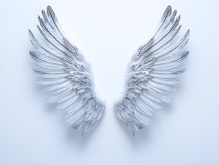 Fototapeta premium A pair of exquisitely detailed white angel wings spread wide against a clean white background symbolizing freedom and spirituality.