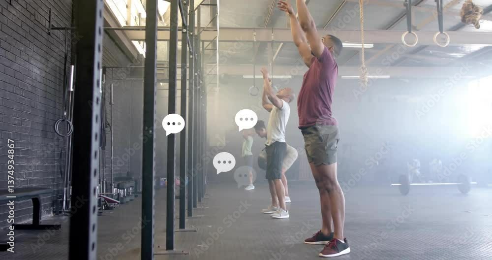 Aufkleber people exercising in gym with chat bubble animations floating around them