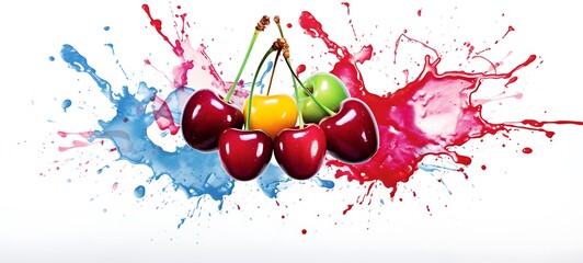 White background with drawings of colorful cherry for children, ai generative