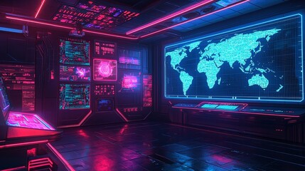 Obraz premium Interactive holographic world map floating above a sleek teacher's console, walls adorned with digital learning panels, ultra-modern classroom, high-resolution, neon-futuristic style