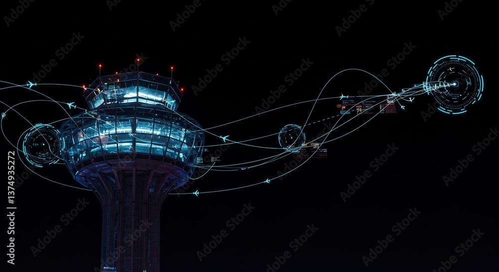 Poster futuristic air traffic control tower with digital overlay showing aircraft flight paths and data