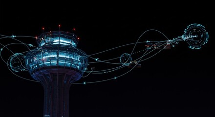 Futuristic Air Traffic Control Tower with Digital Overlay Showing Aircraft Flight Paths and Data