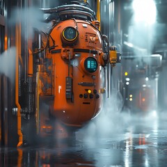 Futuristic orange pod in a wet, industrial corridor