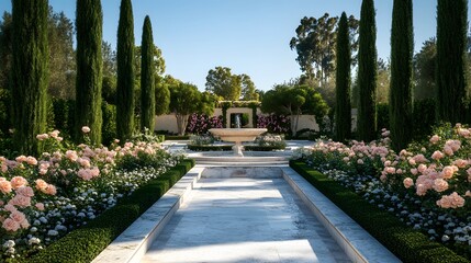 Obraz premium A magical rose garden in full bloom, surrounded by white marble pathways and elegant fountains