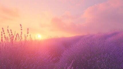 A dreamy lavender field stretching to the horizon, kissed by the soft glow of the setting sun
