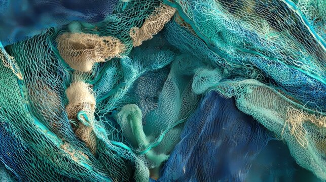 Macro detail of overlapping fishing nets in bright blue and green, with visible knots and frayed rope strands