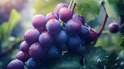 Fresh, ripe, purple grapes on vine