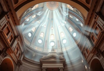 Obraz premium Soft morning light illuminates a Renaissance church dome, surrounded by watercolor angels; ample empty space, religious, sacred