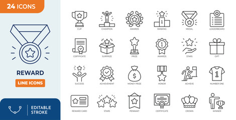 Reward icon set. Containing award, prize, medal, gift, trophy, badge, achievement, certificate and more. Outline Icon Collection. Vector illustration. Editable stroke	
