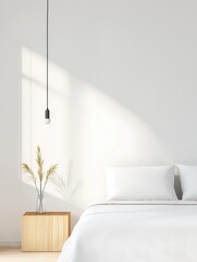 Modern bedroom with a minimalist design. the walls are painted white and the floor is made of light-colored wood.