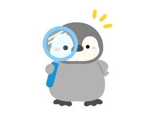 閃きのイメージ、虫眼鏡とペンギンのベクターイラスト