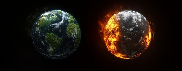 A glowing 3D earth sphere, engulfed in fiery animation, rotates against a black space backdrop, revealing continents and clouds