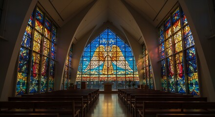 Obraz premium Contemporary Church Interior with Stunning Stained Glass Windows Depicting Angels and Religious Symbols