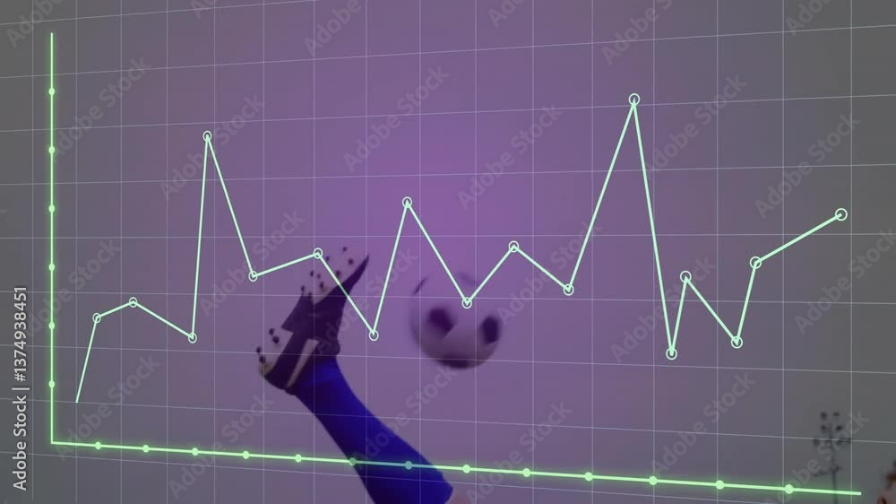 Poster graph line animation over soccer player kicking ball in dynamic action
