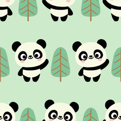 Obraz premium cute panda pattern bear cheering pose mint green seamless background with trees.