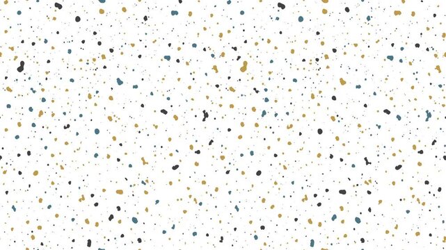 Seamless terrazzo-inspired abstract pattern moving left. Dynamic ink splatter texture with organic dots in gold, black, and blue on white background. Perfect for motion backgrounds and design projects