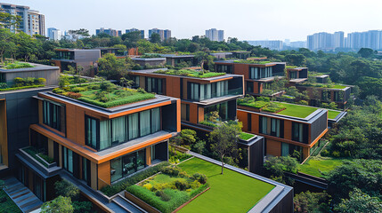 Aerial View of Modern Green Roof Houses in a City