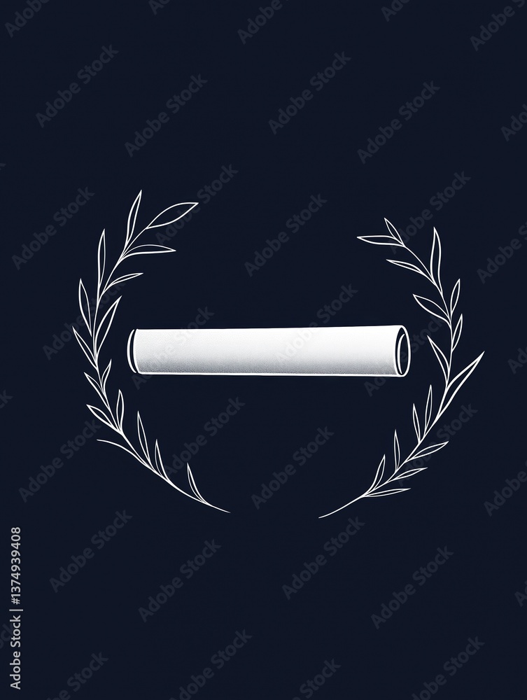 Poster simple illustration of a scroll in the center of a wreath. the scroll is white and appears to be mad