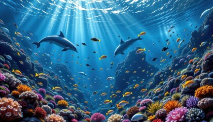 Underwater World An underwater scene filled with diverse marine life, such as dolphins, coral reefs, and schools of colorful fish.