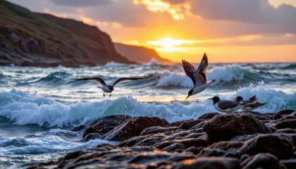 Coastal Wildlife Seabirds diving for fish near rocky coastal cliffs at sunset, with the ocean waves crashing against the rocks.