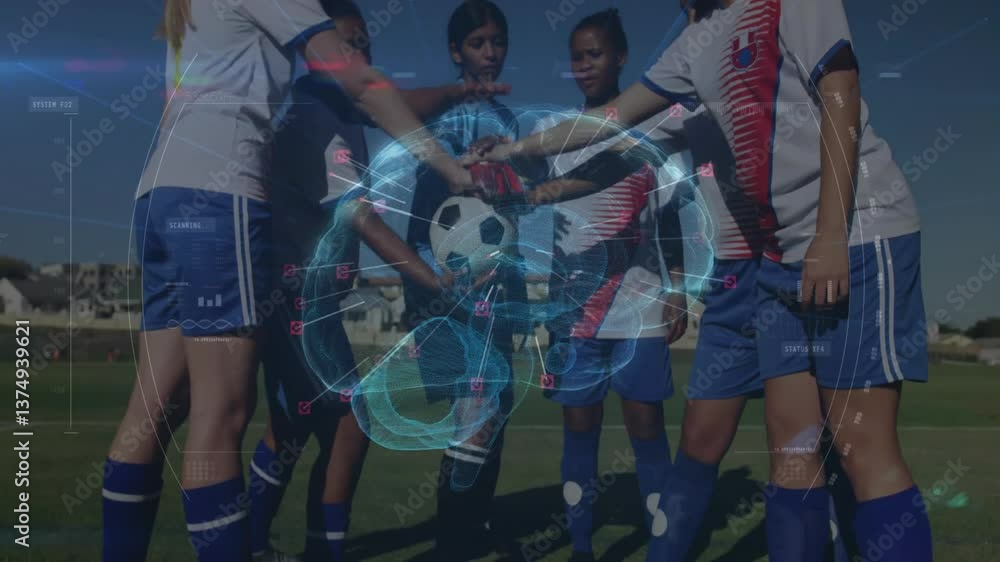 Poster soccer players in huddle with digital data processing animation overlay