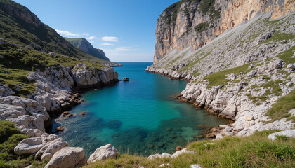 Fototapeta premium Serene coastal lagoon surrounded by rocky cliffs in a sunny landscape 