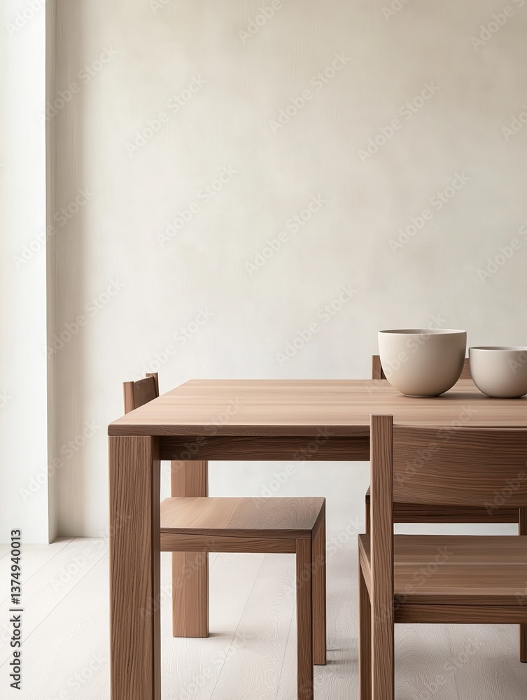 Poster modern wooden dining table with two chairs. the table is rectangular in shape and has a light brown 