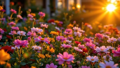 Obraz premium Sunset Garden A magical sunset garden scene where flowers are illuminated by golden rays, casting long shadows and enhancing their colors.