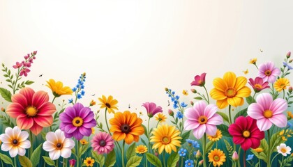 Fototapeta premium Vibrant Flower Border A colorful border of various flowers with intricate details, set against a soft gradient background that highlights their colors.