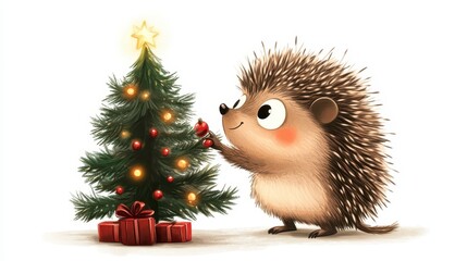 Cute Hedgehog with Christmas Tree
