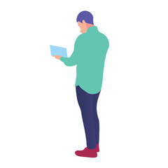 Person reviewing a light blue tablet