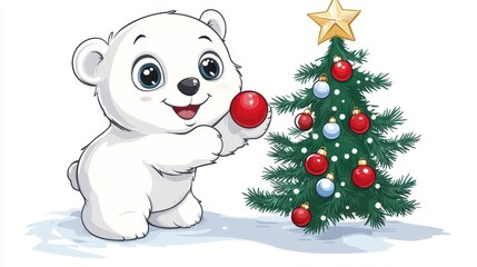 Cute Polar Bear with Christmas Tree