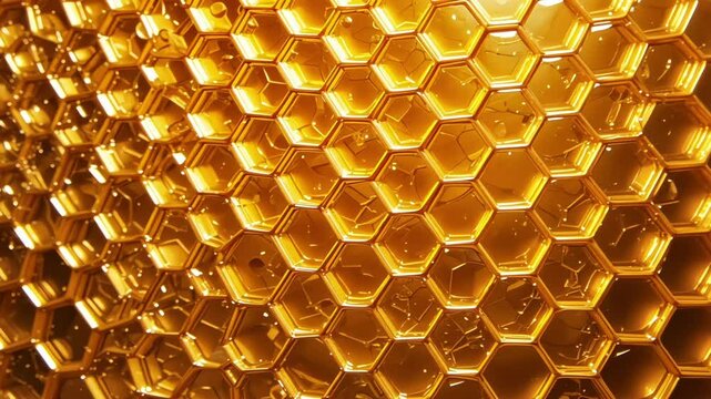 Abstract honeycomb patterns with golden gradients and glossy textures. Banner for sweet-themed ads, nature campaigns, and creative designs
