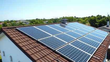 Solar panels neatly arranged on a residential roof, clean, work