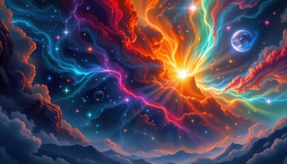 Galactic Scene A vibrant scene of a colorful galaxy with swirling nebulae, stars, and a silhouette of a distant planet, creating a sense of cosmic adventure.