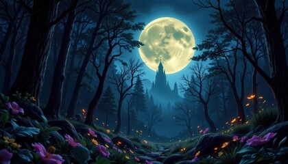 Fototapeta premium Mystical Night Forest A dense forest at night illuminated by a full moon, with mystical glowing creatures and fireflies dancing among the trees.