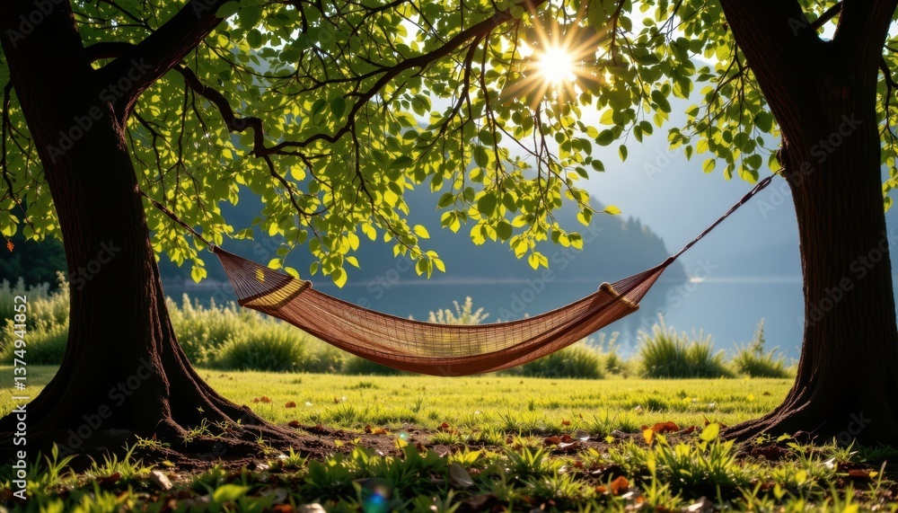 Poster under a shady tree a serene scene of a hammock tied between two trees, with sunlight filtering throu