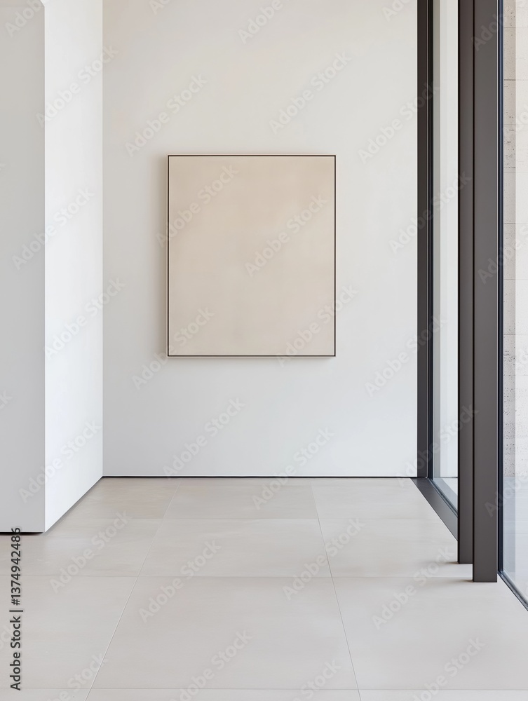 Poster empty room with white walls and floor tiles. on the right side of the image, there is a large window