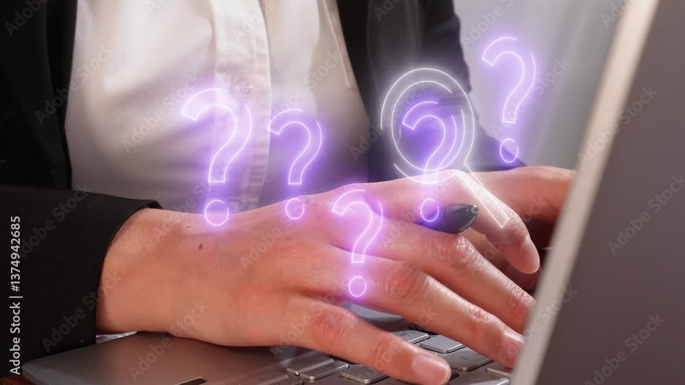 Poster a person typing on their laptop with glowing question marks floating above the keyboard, symbolizing