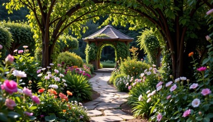 Fototapeta premium Secret Garden Pathway An enchanting hidden garden with a winding pathway lined by flowering plants, leading to a cozy gazebo draped in vines.