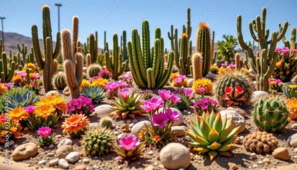 Poster cactus and succulent paradise an artistic display of vibrant cacti and succulents in various shapes 