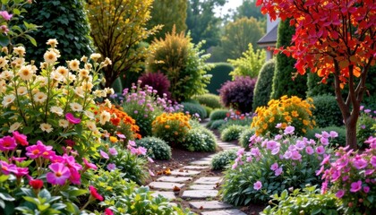 Seasonal Garden A garden that transitions through the four seasons, depicting spring blooms, summer lushness, autumn colors, and winter frost among the plants.