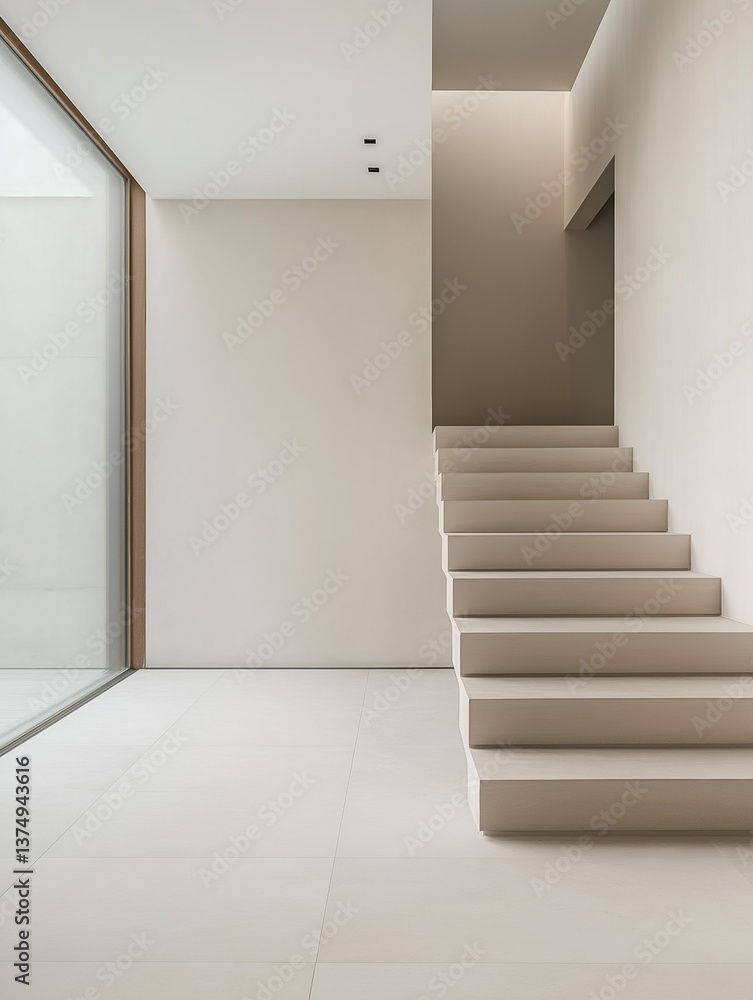 Poster empty room with a modern and minimalist design. the room has a white floor and walls, and a large wi