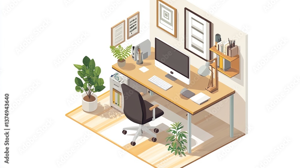 Aufkleber isometric view of a home office setup with a computer on a work desk