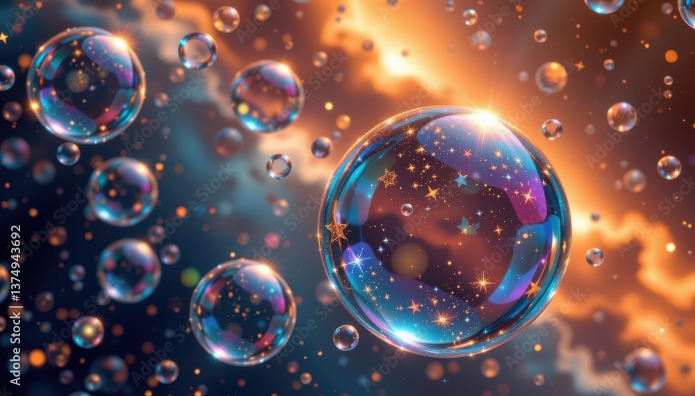 Poster floating bubbles in space an imaginative depiction of bubbles floating in space, reflecting stars an