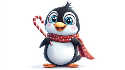 Obraz premium Cheerful Cartoon Penguin Holding Candy Cane