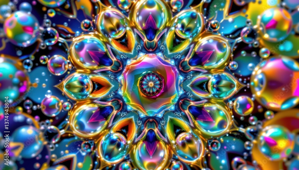 Poster kaleidoscopic bubbles a vibrant, kaleidoscopic pattern of bubbles merging and intertwining, creating