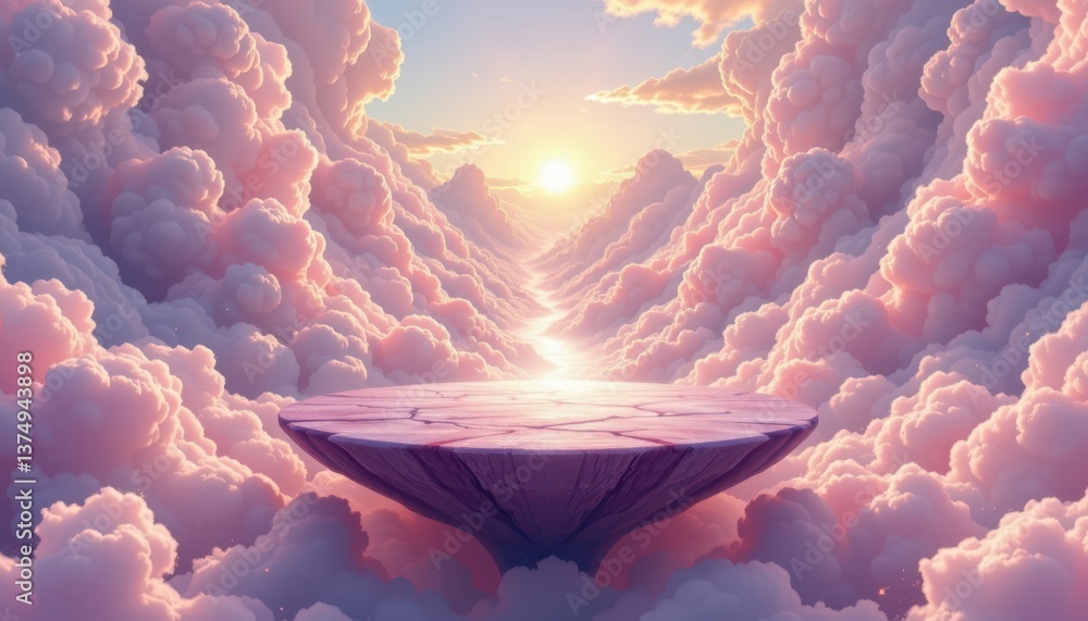 Poster floating platform in a dreamscape a dreamy landscape featuring a floating platform surrounded by clo