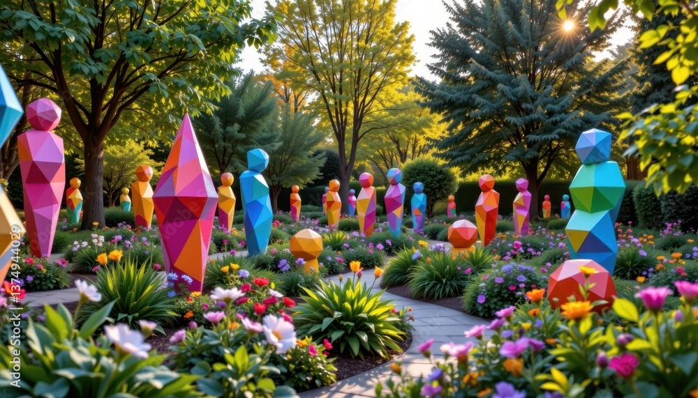 Poster interactive art garden a blend of art and nature where colorful geometric sculptures are arranged in