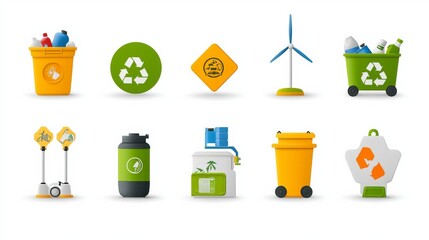 A set of eco conscious waste disposal icons long title A clean and organized set of 15 icons representing various aspects of eco friendly waste